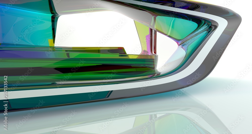 Fototapeta premium Abstract white and colored gradient glasses interior multilevel public space with window. 3D illustration and rendering.