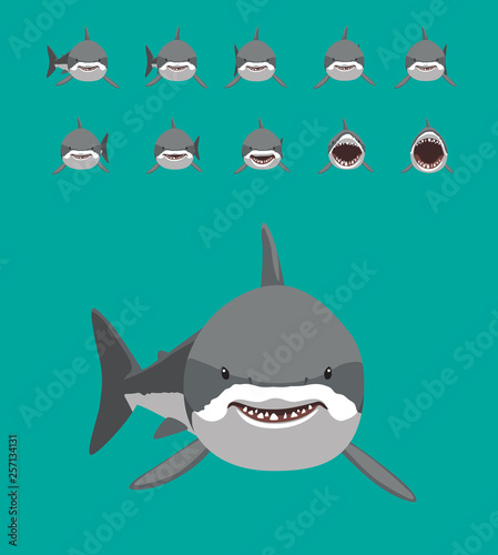 White Shark Swimming Motion Sequence Cartoon Vector Illustration