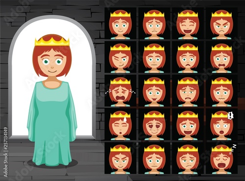 Medieval Princess Cartoon Emotion Faces Vector Illustration