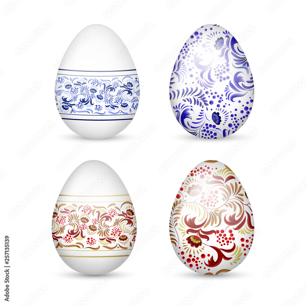 Easter eggs, painted in traditional Russian ornaments Khokhloma and Gzhel,  on an isolated background. Stock Vector | Adobe Stock