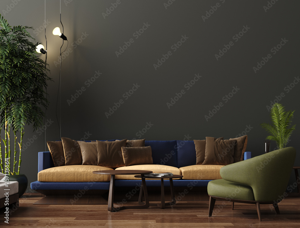 Luxury modern living room interior, dark green brown wall, modern sofa with  armchair and plants, 3d render ilustración de Stock | Adobe Stock