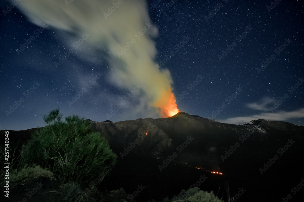 Fototapeta premium Smoke Volcano Etna Eruption At Night, Sicily