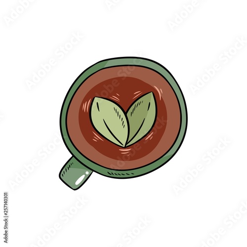 Cup of herbal tea. Hand drawn comic style tea leaves drink.