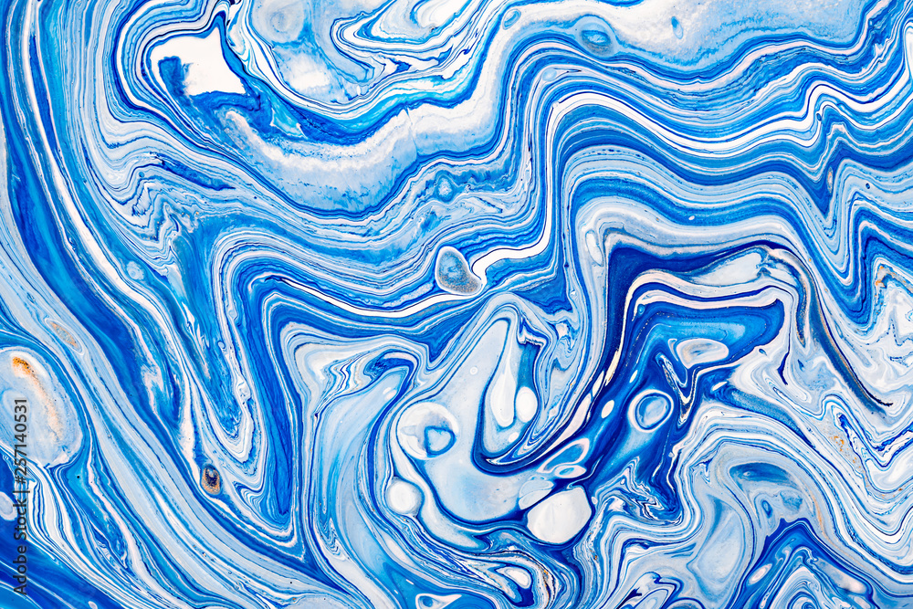 © Mirror Flow - Hand painted background with mixed liquid blue, white, yellow paints. Abstract fluid acrylic painting. Applicable for packaging, invitation, textile, wallpaper, design of different surfaces