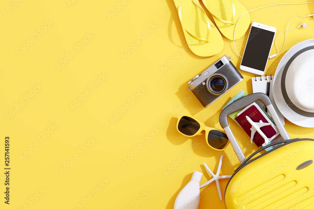 Flat lay yellow suitcase with traveler accessories on yellow background. travel concept. 3d rendering - obrazy, fototapety, plakaty 