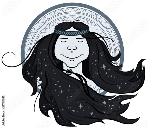 Vector illustration of a girl in ethnic style with stars in long dark hair. Print for printing on t-shirts, posters, accessories.