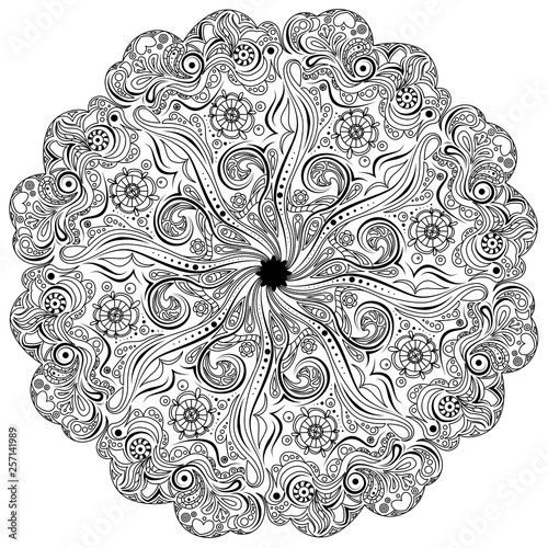 Vector black and white illustration for coloring. Coloring book anti-stress with the image of a circular pattern, onament, mandala. Art therapy.