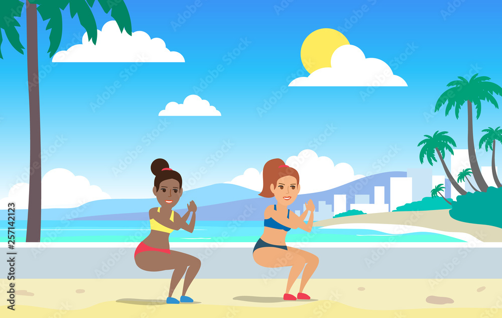 two women squats exercising outdoor at the beach