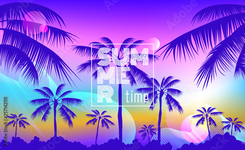 summer futuristic  banner design with palm trees on sunset background abstract wave lines