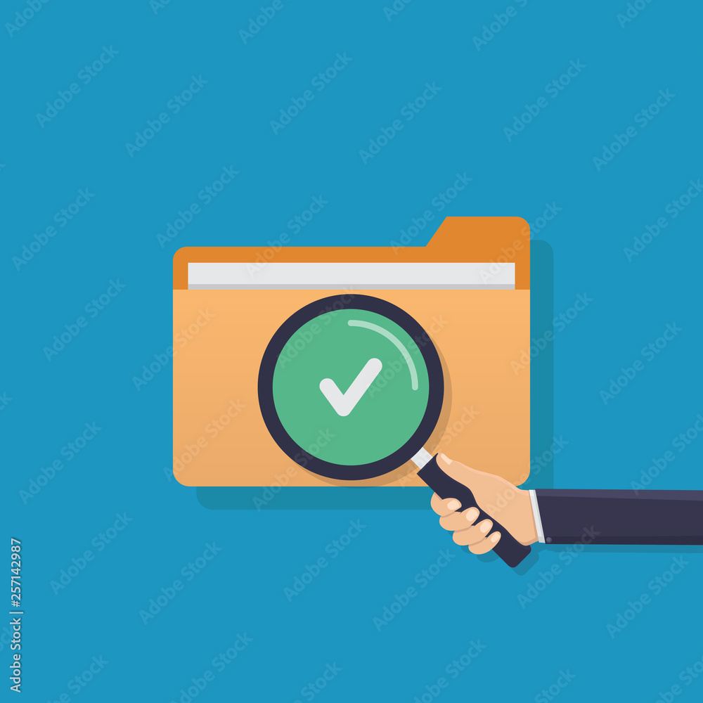 Search for file, business hand holding a magnifying glass, file, check mark, flat design vector illustration Search for file, business hand holding a magnifying glass, file, check mark, flat design vector illustration