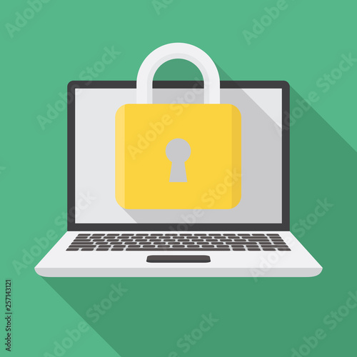 Padlock on laptop, laptop security, lock laptop illustration flat design style