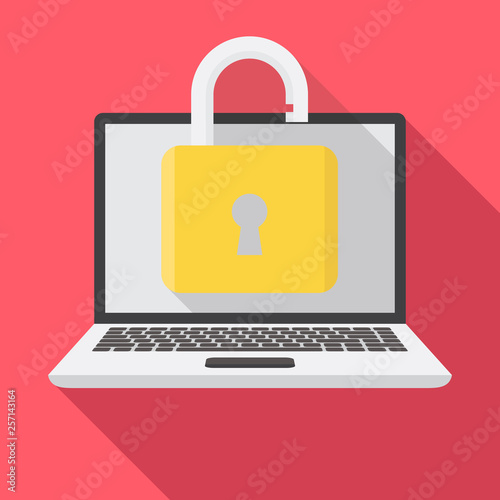 Padlock on laptop, laptop security, unlock laptop illustration flat design style