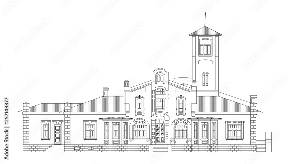 Beautiful old palace vector illustration. Main facade. Vintage black and white background.