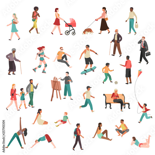 Walking people characters. Person city girl couple crowd modern woman man talking young group street bike dog flat