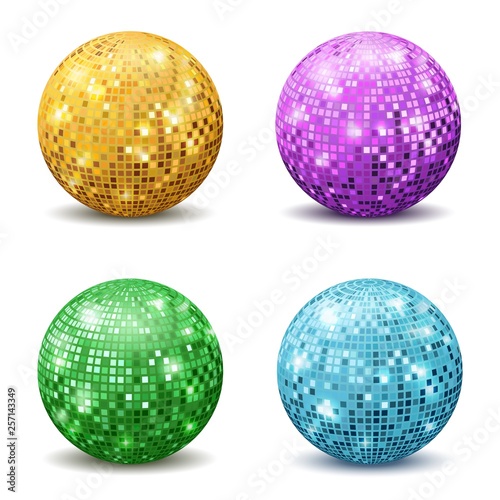 Color disco balls. Realistic reflection ball mirrored disco party silver glitter equipment retro rays mirrorball set