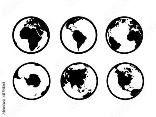 Earth globe icons. World circle map geography internet global commerce tourism vector black symbol set