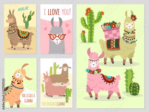 Llama. Baby llamas cute alpaca and cacti wild peru camel, girl party invitation vector set
