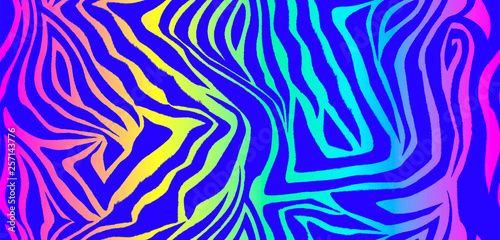 Zebra skin seamless vector pattern. Striped neon bright animal wool texture for corporate identity, clothing or printing on paper. Synthwave animal pattern.