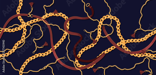 Luxurious shiny pattern on a dark background of straps and chains of gold for the design of fabric or corporate identity. Seamless vector.