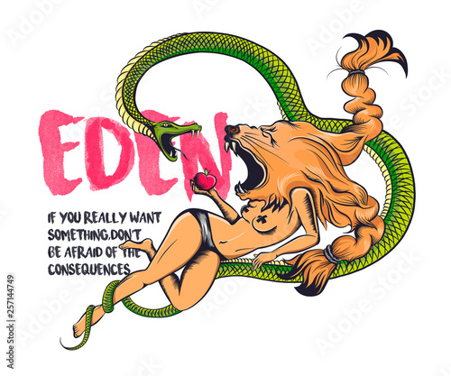 Vector print for t-shirt with illustration and aphorism. The woman with the head of a lion holds an apple in her hand, and the serpent tempts against her. On the background of the inscription - Eden.