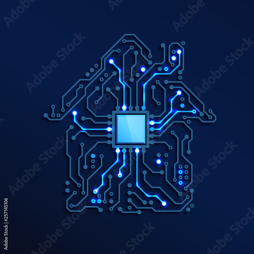 Smart Home or IOT Concept. Blue Circuit House with CPU inside. Future and Innovation Technology Background. Vector Illustration