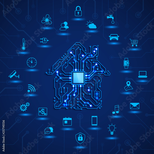 Smart house or IOT concept. Remote monitoring and control smart house. House circuit and smart home function icons. Vector illustration on blue background
