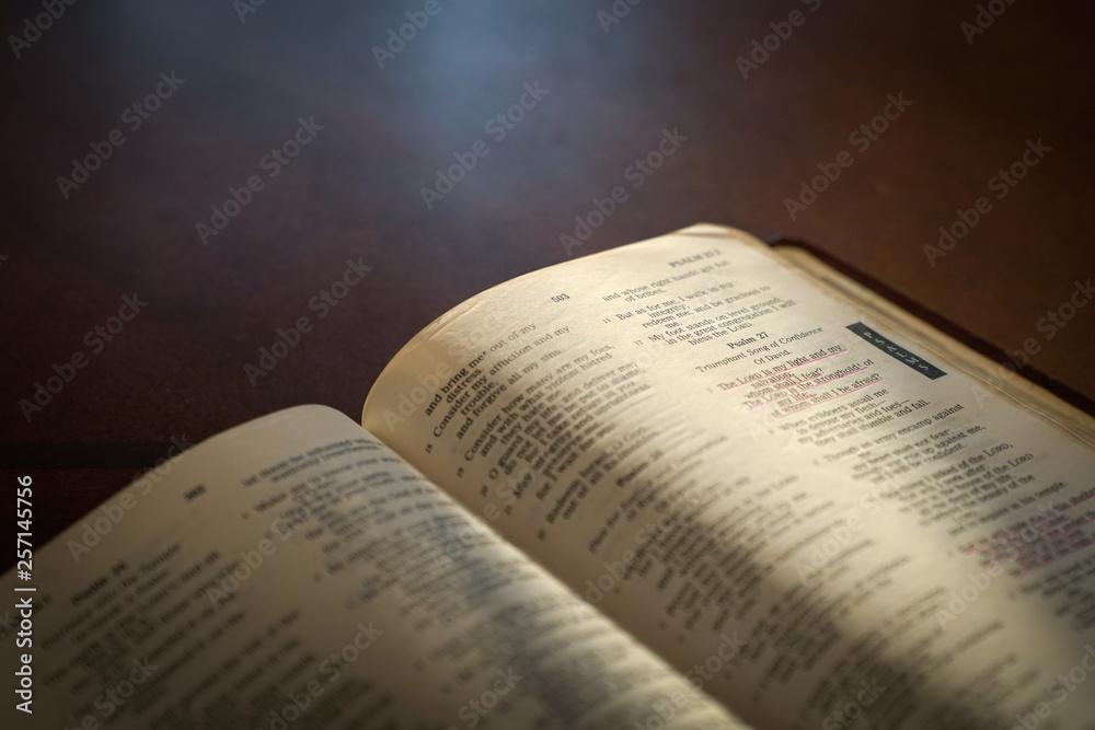 Fotografie Open bible on a dark wood table