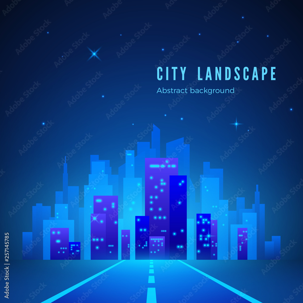 City Landscape. Futuristic Night City. Road to City of Future. City Silhouette on Blue Background. Vector illustration