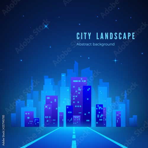 City Landscape. Futuristic Night City. Road to City of Future. City Silhouette on Blue Background. Vector illustration