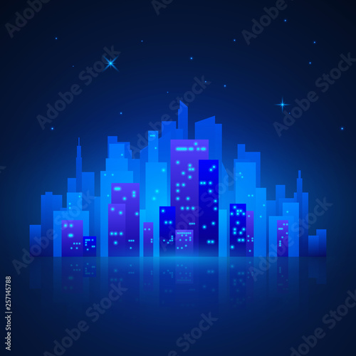 City Landscape. Futuristic Night City Lights. City Silhouette on Blue Background. Vector illustration