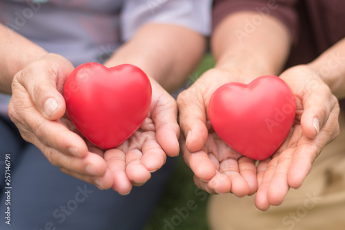 Family caregivers concept. Senior twin or two relatives  friends  or neighbors holding red heart shape for taking care each other in nursing home wellbeing service community.