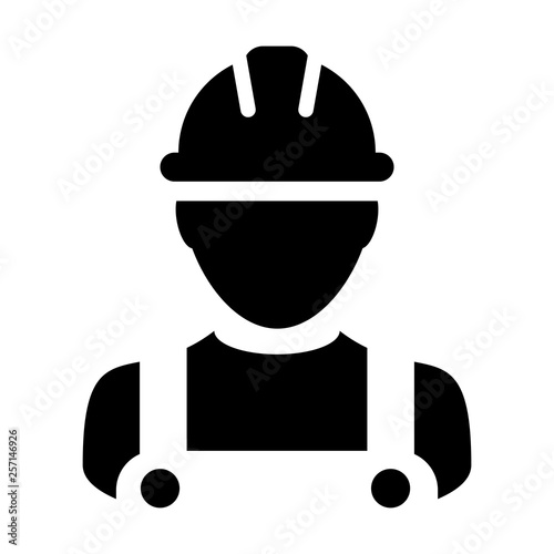 Engineering icon vector male construction service person profile avatar with hardhat helmet and jacket in glyph pictogram illustration