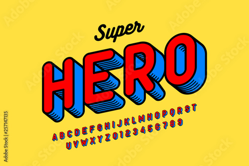 Comics style font design, superhero inspired alphabet, letters and numbers