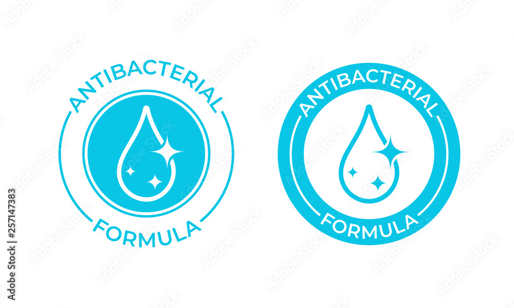 Antibacterial formula vector icon. Antibacterial soap or antiseptic and chemical cleaner product package seal - obrazy, fototapety, plakaty 