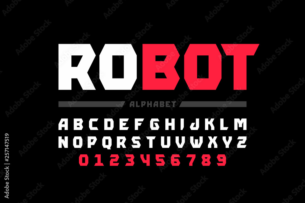 Tehnology style font design, robot, alphabet letters and numbers