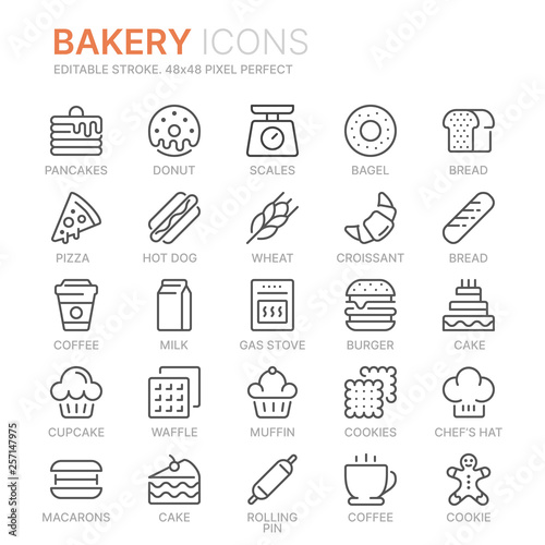 Collection of bakery line icons. 48x48 Pixel Perfect. Editable stroke