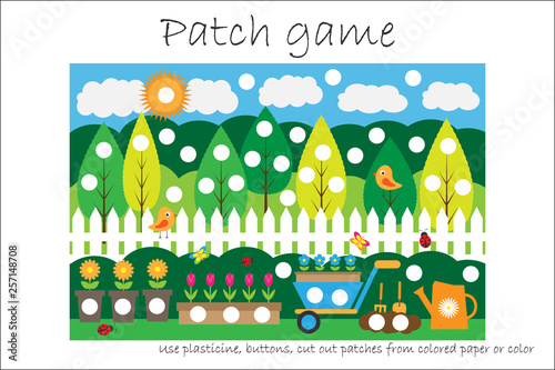 Education Patch game garden for children to develop motor skills, use plasticine patches, buttons, colored paper or color the page, kids preschool activity, printable worksheet, vector illustration