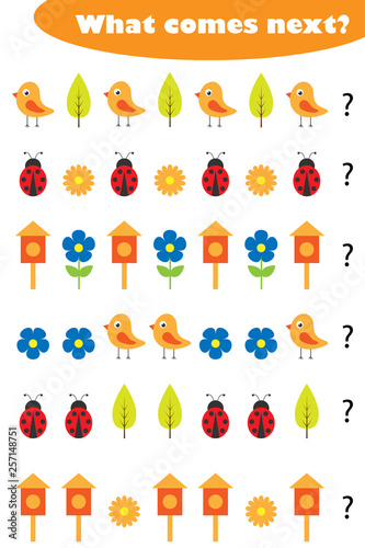 What comes next with spring pictures for children, fun education game for kids, preschool worksheet activity, task for the development of logical thinking, vector illustration