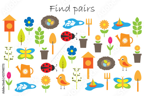 Find pairs of identical pictures, fun education game with spring garden theme for children, preschool worksheet activity for kids, task for the development of logical thinking, vector illustration