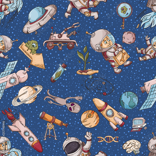 space, seamless colored illustration_1_of pattern decoration and design background in the style of childrens drawings