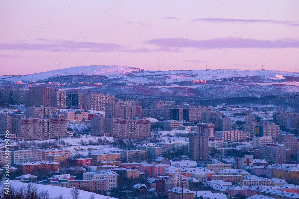 Lilac February twilight over Murmansk. Russia
