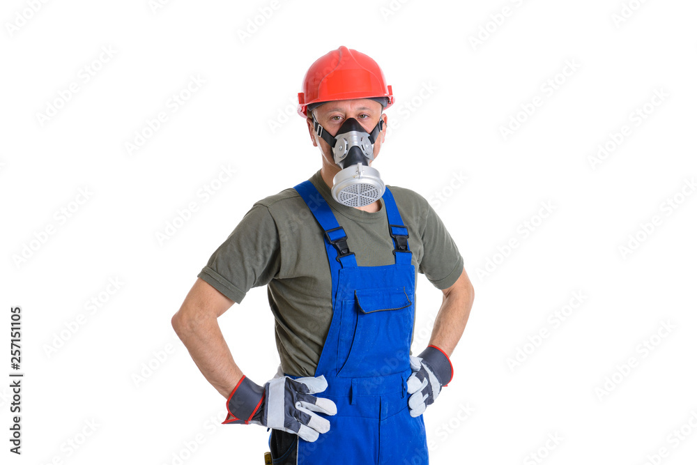 workman with red hard top and protecting mask workman with red hard top and protecting mask