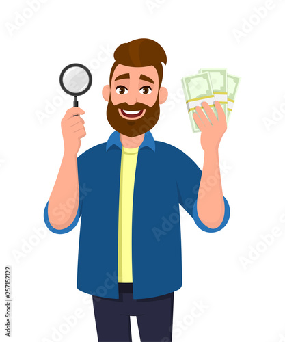 Wealthy bearded young man holding magnifying glass and cash, money, currency notes in hand. Search, find, discovery, analyze, inspect, investigation concept illustration in cartoon flat style.