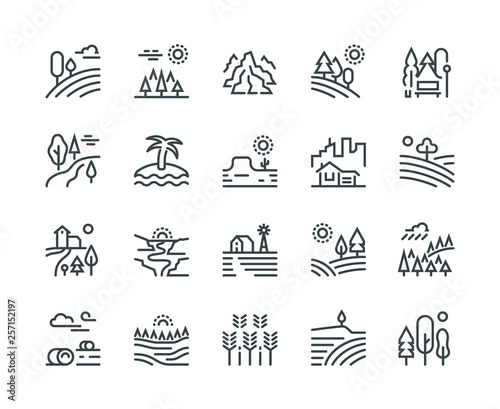Landscape line icons. Nature park mountain hill forest trees and countryside garden, industrial megapolis cityscape vector pictograms set