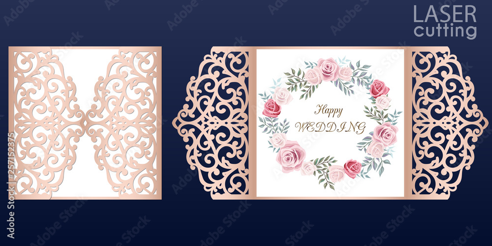 Laser cut wedding invitation card template vector. Die cut paper card