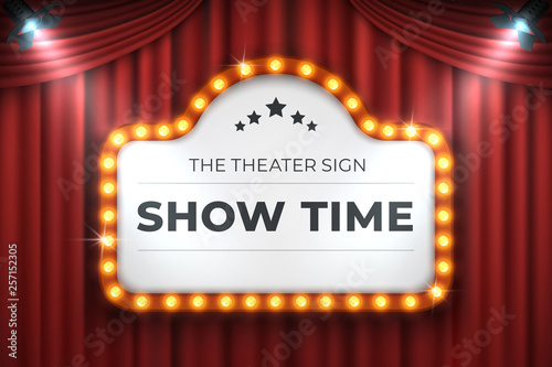 Theater cinema sign. Movie light frame, retro marquee banner on red background. Vector light bulb realistic 3D billboard