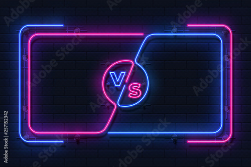 Neon versus banner. Game battle glowing frame, boxing match screen, sport competition outline concept. Vector versus battle screen