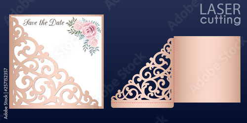 Laser cut wedding invitation card template vector. Wedding pocket envelope or greeting card with lace pattern. Open card with roses. Suitable for greeting cards, invitations, menus.