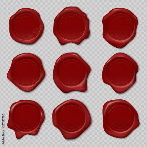 Wax seal. Rubber certificate stamp, realistic red candle wax seal, royal medieval embossed stamp. Vector 3d old label set