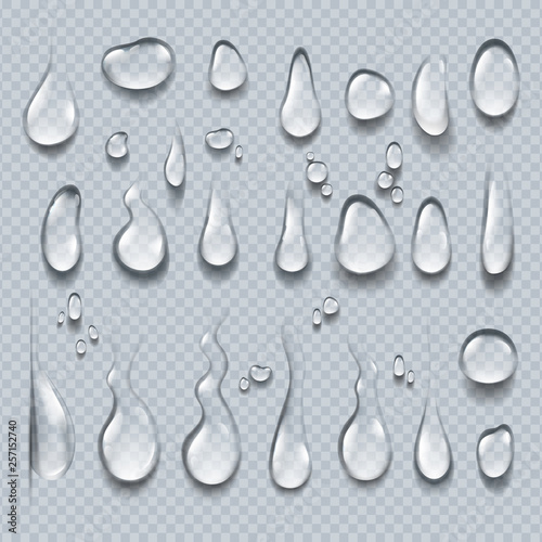 Realistic water drops. 3D transparent condensation droplets, bubble collection on clear surface. Rain drops vector set photo